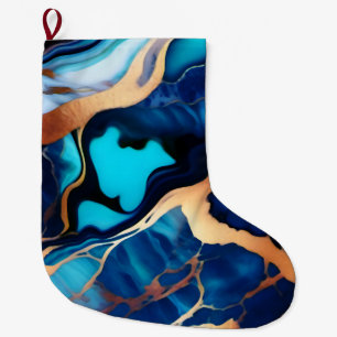 Trendy Blue yellow Gold faux marble Large Christmas Stocking