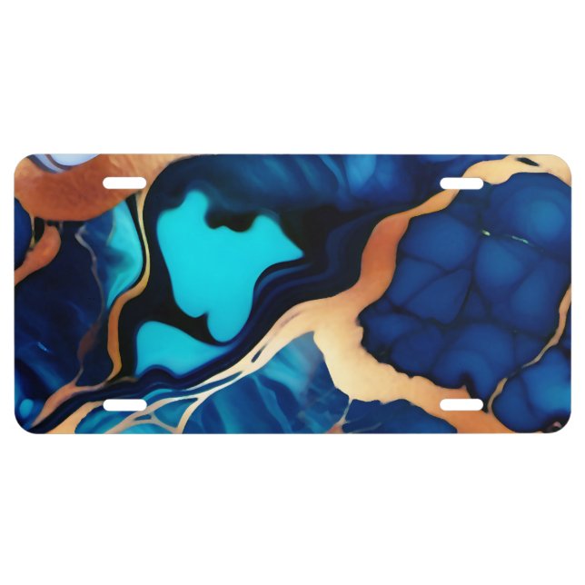 Trendy Blue yellow Gold faux marble License Plate (Front)