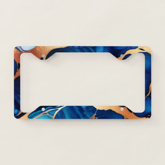 Trendy Blue yellow Gold faux marble License Plate Frame (Front)