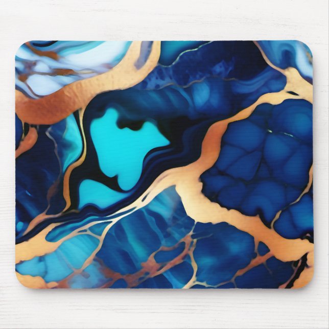 Trendy Blue yellow Gold faux marble Mouse Pad (Front)