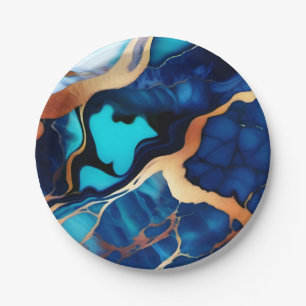 Trendy Blue yellow Gold faux marble Paper Plates