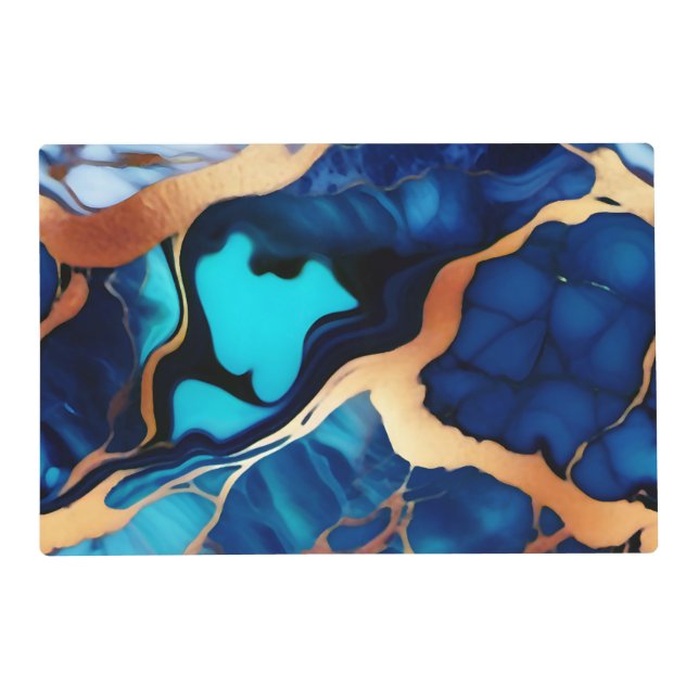 Trendy Blue yellow Gold faux marble Placemat (Front)