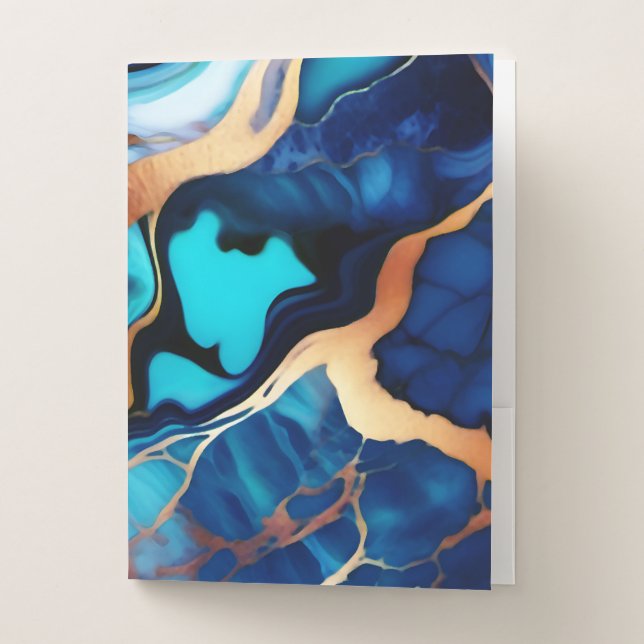 Trendy Blue yellow Gold faux marble Pocket Folder (Front)