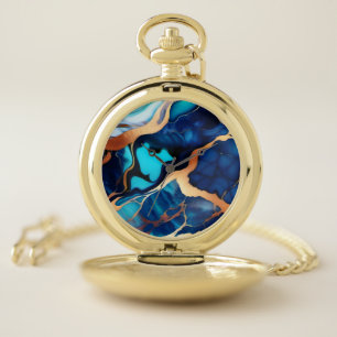 Trendy Blue yellow Gold faux marble  Pocket Watch