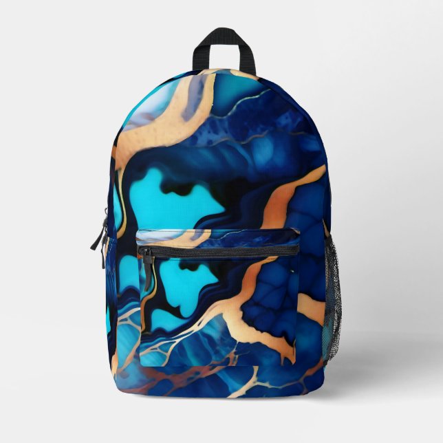 Trendy Blue yellow Gold faux marble  Printed Backpack (Front)