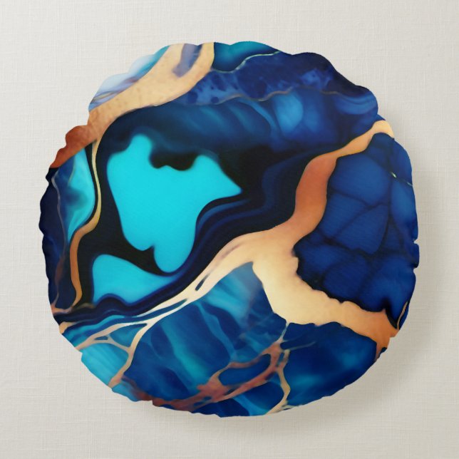 Trendy Blue yellow Gold faux marble Round Pillow (Front)