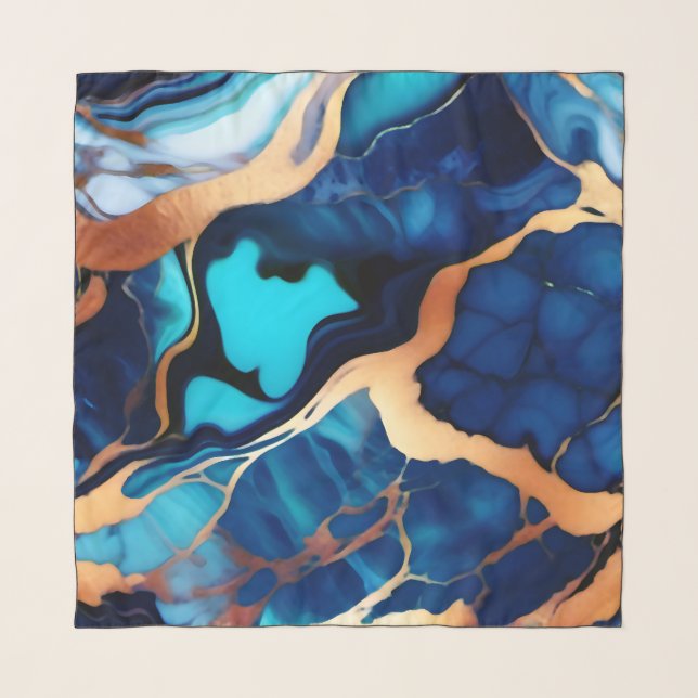Trendy Blue yellow Gold faux marble  Scarf (Front)