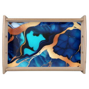 Trendy Blue yellow Gold faux marble Serving Tray