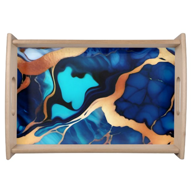 Trendy Blue yellow Gold faux marble Serving Tray (Front)