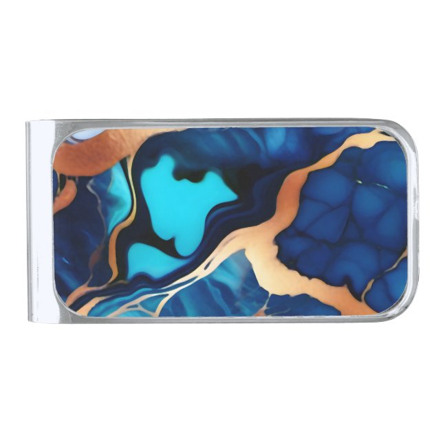 Trendy Blue yellow Gold faux marble  Silver Finish Money Clip (Front)