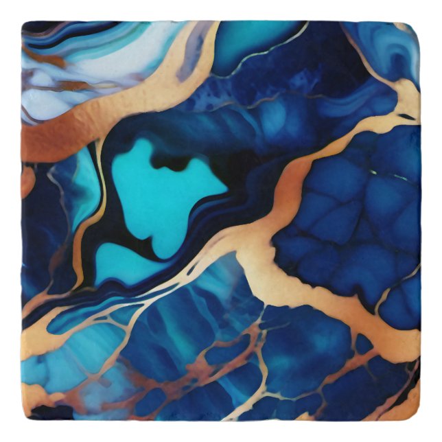 Trendy Blue yellow Gold faux marble Trivet (Front)