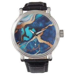 Trendy Blue yellow Gold faux marble Watch