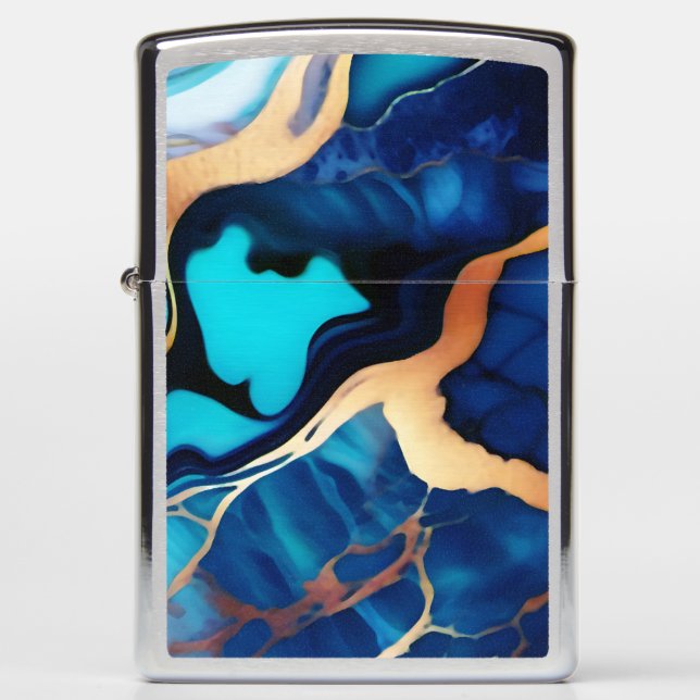 Trendy Blue yellow Gold faux marble Zippo Lighter (Front)