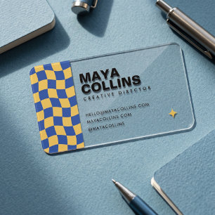 Trendy Blue Yellow Wavy Checkered Clear Business Cards
