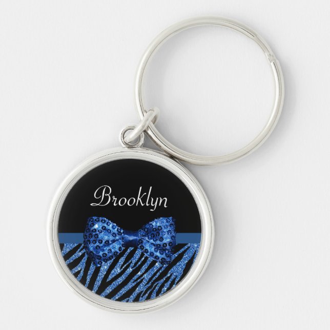 Trendy Blue Zebra Print FAUX Glitz Bow With Name Keychain (Front)