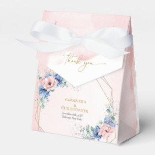 Trendy blush and blue floral eucalyptus gold frame favor boxes