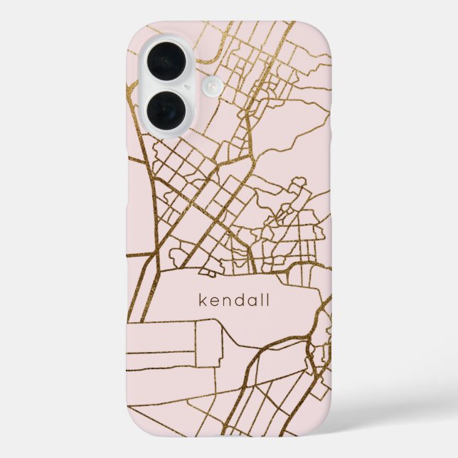 Trendy Blush and Faux Gold Map Design with Name Case-Mate iPhone Case (Back)