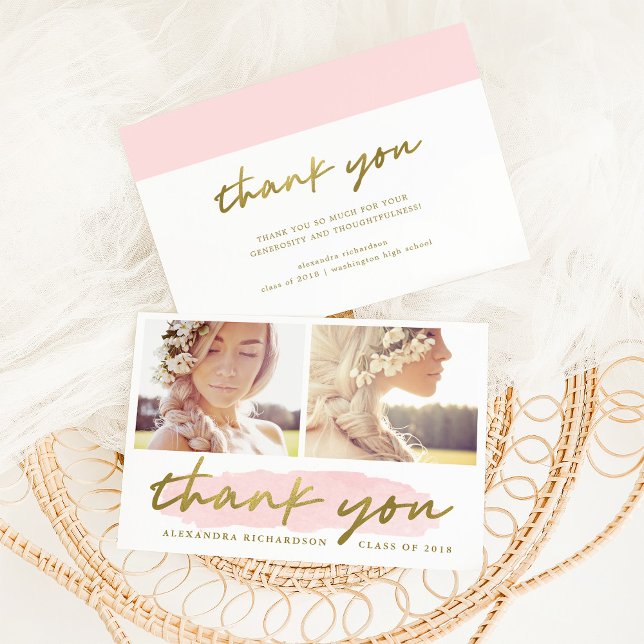 Trendy Blush and Gold Two Photo Thank You Card (Creator Uploaded)