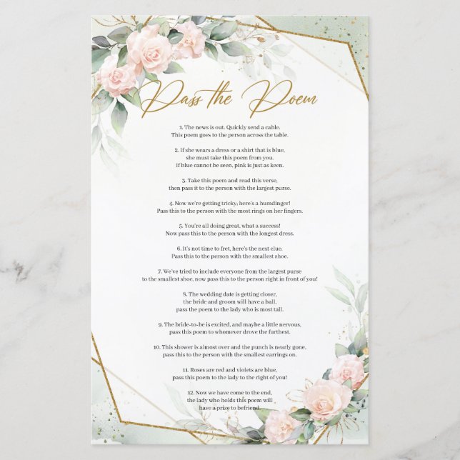 Trendy blush and greenery gold Pass The Poem game (Front)