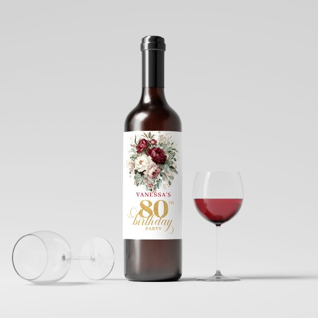 Trendy Blush Burgundy 80th Birthday Wine Labels (Trendy Blush Burgundy 80th Birthday Wine Labels)