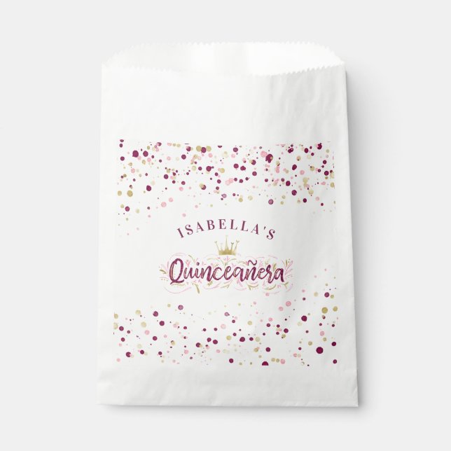 Trendy Blush Burgundy & Gold Confetti Quinceañera Favor Bag (Front)