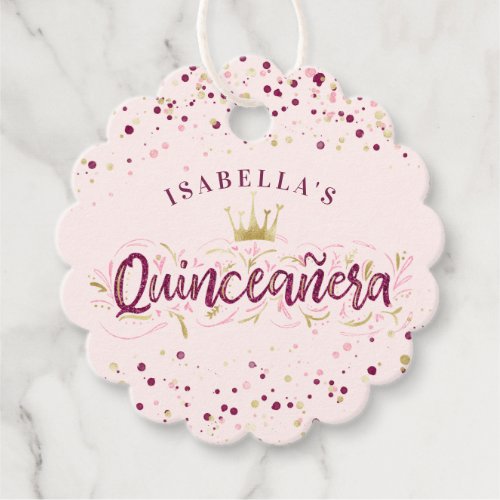 Trendy Blush Burgundy  Gold Confetti Quinceaera Favor Tags