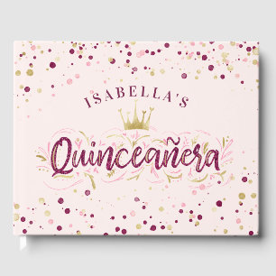 Trendy Blush Burgundy & Gold Confetti Quinceañera Guest Book