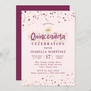 Trendy Blush Burgundy & Gold Confetti Quinceañera Invitation