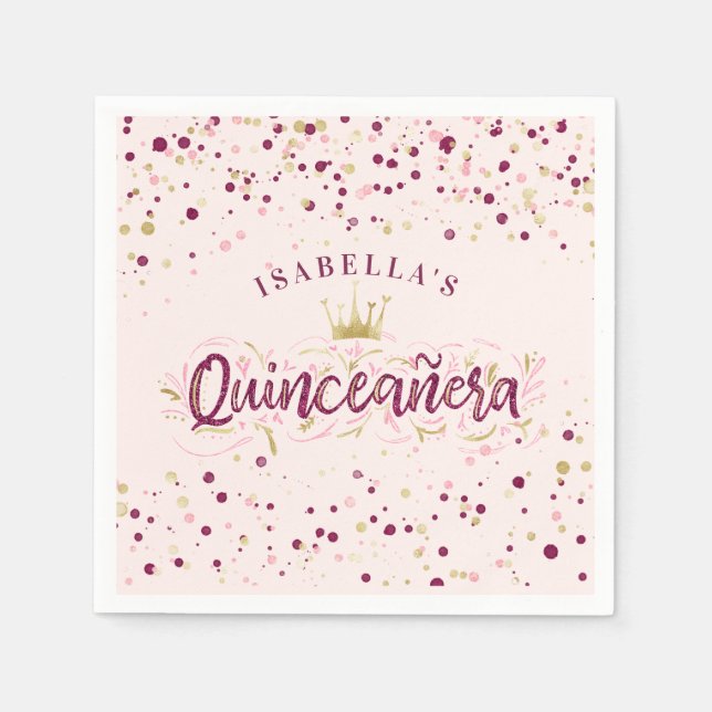Trendy Blush Burgundy & Gold Confetti Quinceañera Napkins (Front)