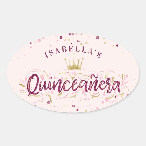 Trendy Blush Burgundy  Gold Confetti Quinceaera Oval Sticker