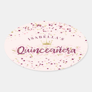 Trendy Blush Burgundy & Gold Confetti Quinceañera Oval Sticker