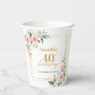 Trendy blush floral eucalyptus gold 40th birthday paper cups