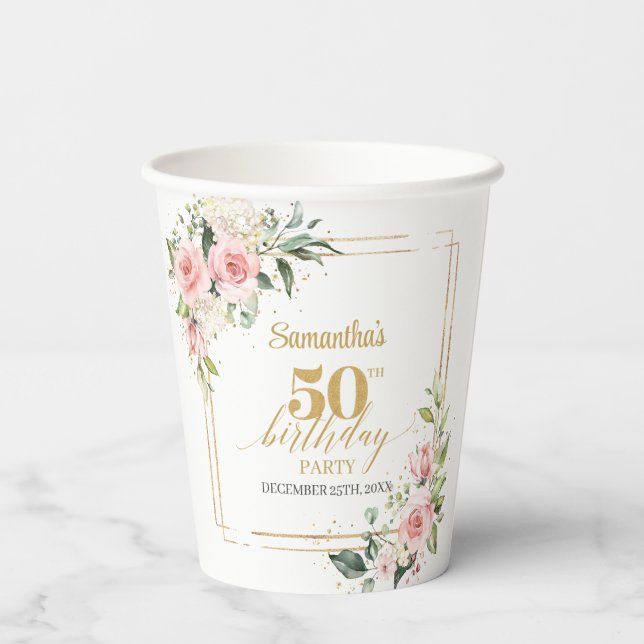 Trendy blush floral eucalyptus gold 50th birthday  paper cups (Back)