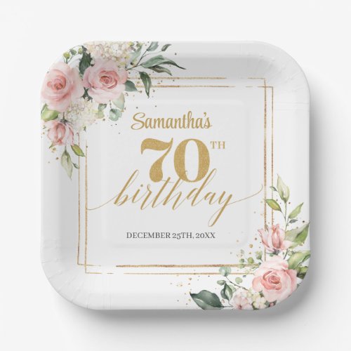 Trendy blush floral eucalyptus gold 70th birthday paper plates
