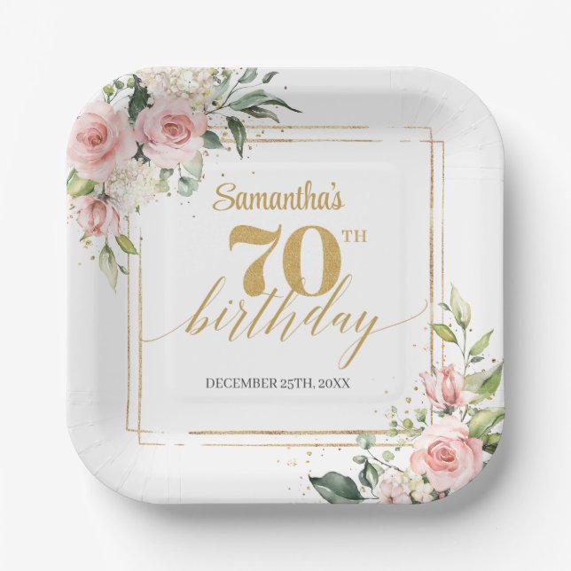 Trendy blush floral eucalyptus gold 70th birthday paper plates (Front)