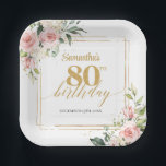 Trendy blush floral eucalyptus gold 80th birthday paper plates<br><div class="desc">The trendy watercolor boho blush flowers combined with eucalyptus greenery and gold glitter on these 80th birthday paper plates create an elegant and stylish design. The soft colors and natural elements like flowers and greenery add a touch of sophistication to the celebration, while the gold glitter brings in a festive...</div>