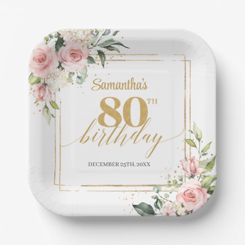 Trendy blush floral eucalyptus gold 80th birthday paper plates