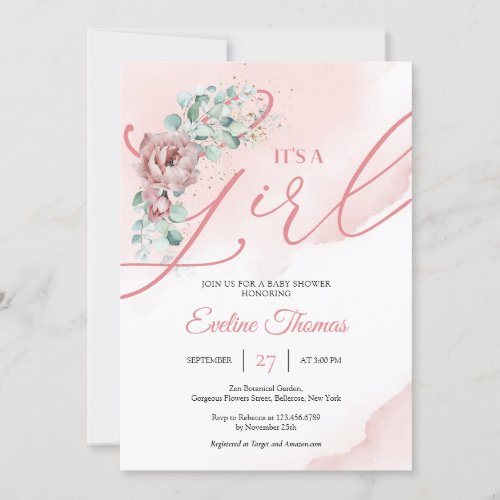Trendy blush floral eucalyptus gold Its a Girl Invitation
