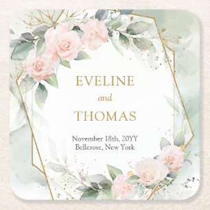 Trendy blush floral gold frame eucalyptus wedding square paper coaster