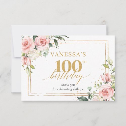 Trendy blush floral gold sparkles 100th Birthday Thank You Card
