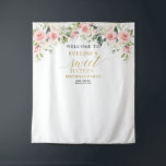 Trendy blush floral gold sparkles 16th birthday tapestry<br><div class="desc">Step into the world of elegance and charm with the Elegant Blush Pink Roses Eucalyptus 16th Birthday Tapestry Backdrop, the perfect photo prop for your upcoming 16th birthday celebration. This delicate tapestry effortlessly combines the soft hues of blush pink roses and the refreshing greenery of eucalyptus, creating a mesmerizing backdrop...</div>