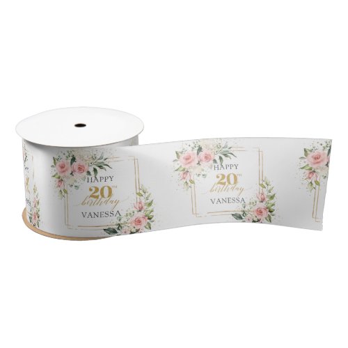 Trendy blush floral gold sparkles 20th birthday satin ribbon