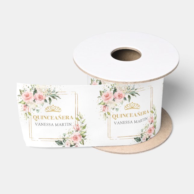 Trendy blush floral gold sparkles Quinceanera Satin Ribbon (Spool)