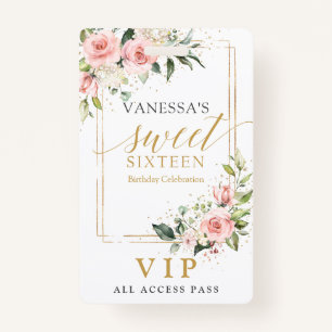 Trendy blush floral gold sparkles sage sweet 16th badge