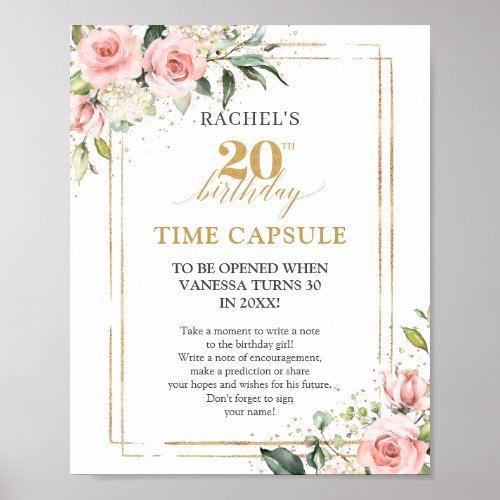 Trendy blush floral gold sparkles Time capsule Poster