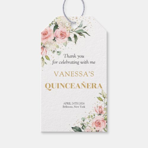 Trendy blush floral gold tiara Quinceaera Gift Tags