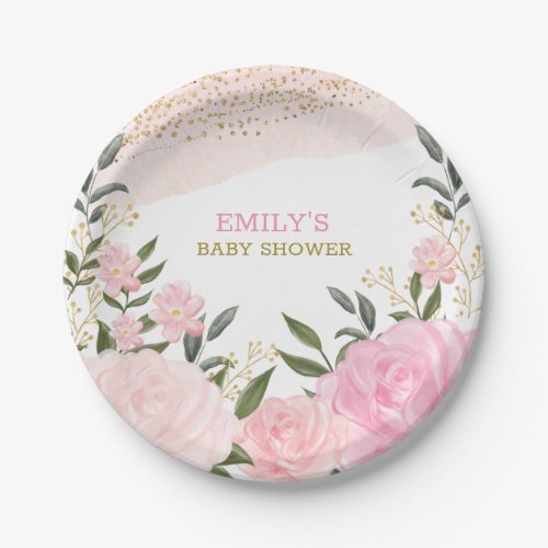 Trendy Blush Floral Roses Glitter Girl Baby Shower Paper Plates