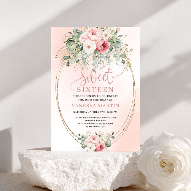 Trendy Blush Floral Sweet Sixteen Party Invitation (Trendy Blush Floral Sweet Sixteen Party Invitation)