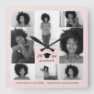 Trendy Blush Graduation Cap Photo Collage Square Wall Clock