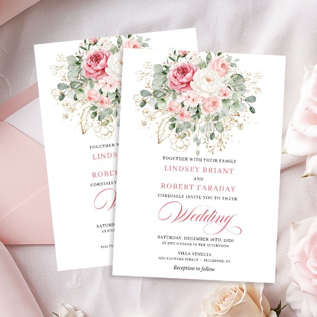 Trendy Blush Peony Botanical Gold Wedding Invite (Trendy Blush Peony Botanical Gold Wedding Invite)